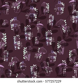 Mushrooms seamless pattern on dark background. Vector hand drawn illustration.