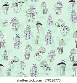 Mushrooms seamless pattern on dark background. Vector hand drawn illustration.