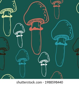 Mushrooms seamless pattern on an emerald background. Forest, mushroom print for textiles in doodle style. Vector illustration.