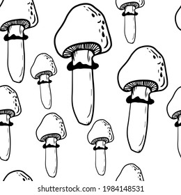 Mushrooms seamless pattern on an isolated white background. Forest, mushroom print for textiles in doodle style. Black-white pattern.Vector illustration.