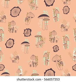 Mushrooms seamless pattern on peach background. Vector hand drawn illustration.