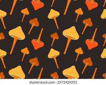 Mushrooms seamless pattern. Mushrooms on a stem. Hallucinogenic mushrooms of different colors. Mushroom design for wallpapers, covers, wrappers and banners. Vector illustration