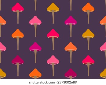 Mushrooms seamless pattern. Mushrooms on a stem. Hallucinogenic mushrooms of different colors. Mushroom design for wallpapers, covers, wrappers and banners. Vector illustration