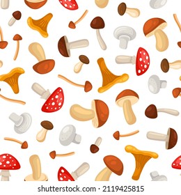 Mushrooms Seamless Pattern on White Background. Vector