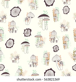 Mushrooms seamless pattern on white background. Vector hand drawn illustration.