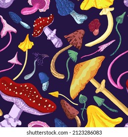 Mushrooms seamless pattern. Ornament of varied poisonous mushrooms. Vector illustration in modern style. Abstract design for wallpaper, decor, wrap, background, textile.