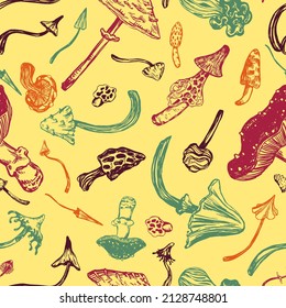 Mushrooms seamless pattern. Ornament of varied poisonous mushrooms. Vector illustration in retro engraving style. Abstract design for wallpaper, decor, wrap, background, textile.