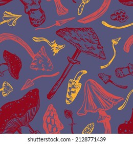 Mushrooms seamless pattern. Ornament of varied poisonous mushrooms. Vector illustration in retro engraving style. Abstract design for wallpaper, decor, wrap, background, textile.