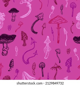 Mushrooms seamless pattern. Ornament of varied poisonous mushrooms. Vector illustration in retro engraving style. Abstract design for wallpaper, decor, wrap, background, textile.