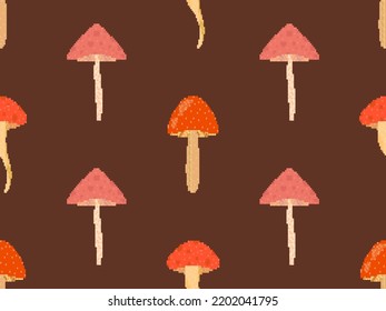 Mushrooms seamless pattern in pixel art style. Mushrooms in 8 bit 90s video game style in 2D. Mushrooms with red caps on a brown background. Design for apps, banners and posters. Vector illustration