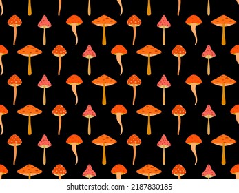Los hongos son un patrón inquebrantable. Setas con gorras rojas sobre fondo negro. Taburetes, hongos venenosos y agrias de mosca. Diseño para afiches, banners y artículos promocionales. Ilustración del vector