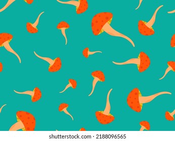 Mushrooms seamless pattern. Mushrooms with red caps on a green background in retro style. Design for posters, banners and promotional products. Vector illustration