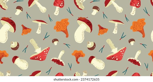 Mushrooms seamless pattern for seasonal decor, wallpaper, fabric and wrapping paper. Vector fall background