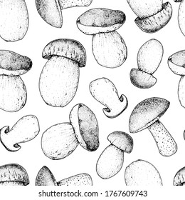 Mushrooms seamless pattern. Sketch black and white pattern. White mushrooms hand drawn vector illustration. Food background.