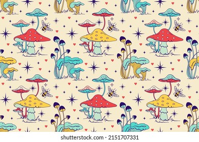 Mushrooms seamless pattern. Spring floral wallpaper. Retro style vintage background. Fairy textile, fabric, wrapping, wallpaper, background.Witchcraft graphic with amanita.