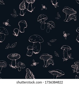 Mushrooms seamless pattern. In the style of hand-drawn. Design for natural products, paper, packaging, wallpaper, fabric, textile. Vector graphics.