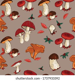 Mushrooms seamless pattern. In the style of hand-drawn. Design for natural products, paper, packaging, wallpaper, fabric, textile. Vector graphics.