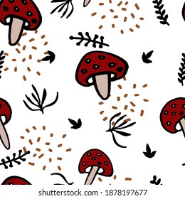 Mushrooms seamless pattern. In the style of hand-drawn. Design for natural products, paper, packaging, wallpaper, fabric, textile. Vector graphics.