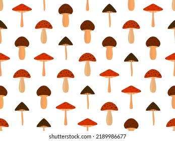Mushrooms seamless pattern. Various mushrooms, edible and toadstools. Poisonous mushrooms and hallucinogenic fly agaric. Design for banners and promotional items. Vector illustration