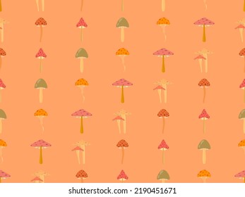 Mushrooms seamless pattern. Various mushrooms, edible and toadstools. Poisonous mushrooms and hallucinogenic fly agaric. Design for banners and promotional items. Vector illustration