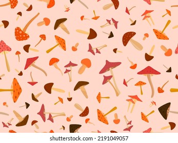 Mushrooms seamless pattern. Various mushrooms, edible and toadstools. Poisonous mushrooms and hallucinogenic fly agaric. Design for banners and promotional items. Vector illustration