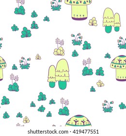 Mushrooms. seamless pattern. vector hand drawn floral background. herbal doodle ornament