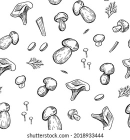 Mushrooms seamless pattern. Vector illustration, sketch style