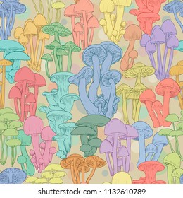 Mushrooms seamless pattern wallpaper. Line illustration colorful mushrooms on beige background with circles
