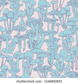 Mushrooms seamless pattern wallpaper. Line illustration blue mushrooms on pink background