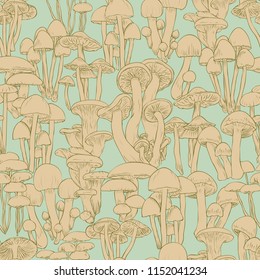 Mushrooms seamless pattern wallpaper. Line illustration beige mushrooms on green background