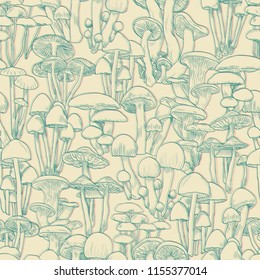 Mushrooms seamless pattern wallpaper. Line illustration mushrooms, stereoscopic effect background