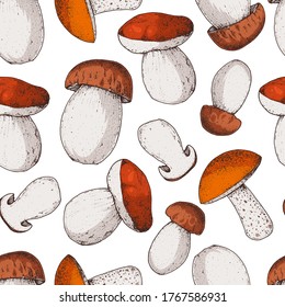 Mushrooms seamless pattern. White mushrooms hand drawn vector illustration. Food background.
