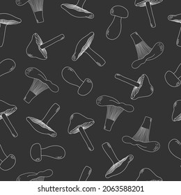 Mushrooms seamless pattern. White mushrooms on grey background. Line art.  Autumn texture for fabric, wrapping, textile, wallpaper. Vector illustration