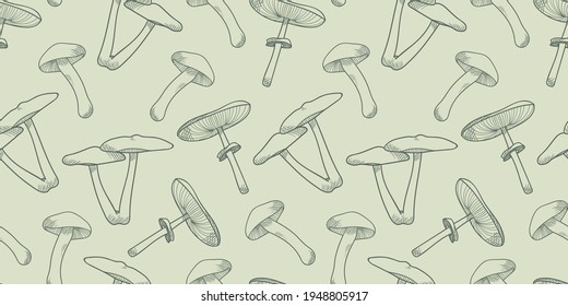 Mushrooms seamless repeat vector pattern background, botanical illustration wallpaper, nature pattern.