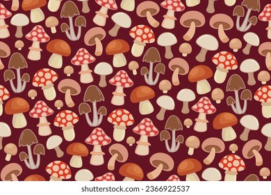 Mushrooms, seamless repeating pattern for printing, textile, cover designs, cards, wrapping paper, pillows, towels and other printing and design projects