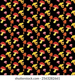Mushrooms, seamless texture with autumn patter non a black background. Vector stock illustration