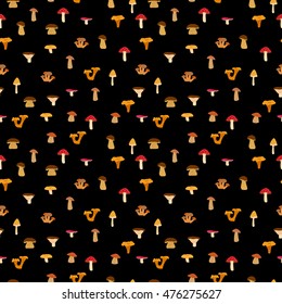 Mushrooms, seamless texture with autumn patternon a black background. Vector illustration