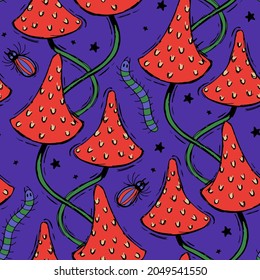 Mushrooms seamless vector pattern Cartoon poisonous
scary mushrooms with red hats Spooky forest with beetles and centipedes Halloween cute vector illustration Autumn holiday vector pattern