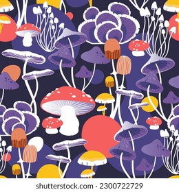 Mushrooms, seamless vector pattern designs, modern style, colorful, forest, for fashion projects, playful, childish, interior, nursery, nature, organic, queer symbols