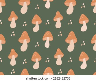 Mushrooms  seamless  vector pattern. Fairy forest  green backgraund