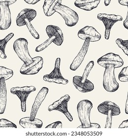 Mushrooms seamless vintage pattern. Hand drawn sketch. Various mushrooms hand drawn vector illustration. Food background. 