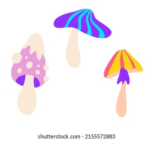 Mushrooms set. Collection of colorful hallucinogenic mushrooms. Perfect for printing, textiles, wrapping paper.  Hand drawn vector illustration