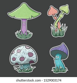 Mushrooms set. Different mushrooms. Mushrooms character vector illustration set. Halloween stickers