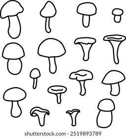 Mushrooms set in doodle style. Collection of hand-drawn vector mushrooms outline isolated on white background. Autumn forest. For cards, logo, decorations, invitations, designs, stickers, coloring b