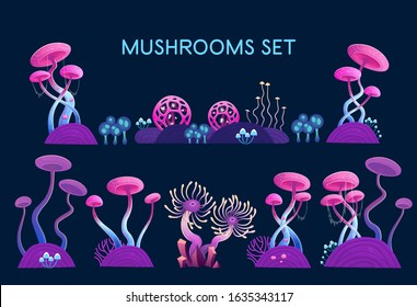 Mushrooms Set. Fantasy mushrooms and magical plants. Illustration of space. Details for games and mobile applications