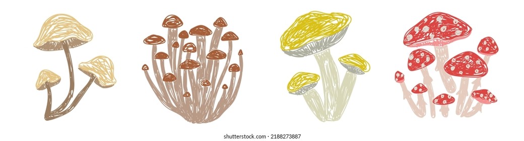 Mushrooms set. Hand drawn vector illustration. Pen or marker doodle sketch