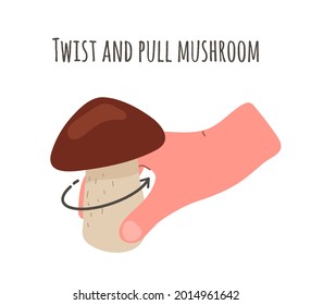 Mushrooms set.The hand takes and twists the mushroom out of the ground, the soil.Vector flat illustration. Harvest,picking fungi in autumn season.