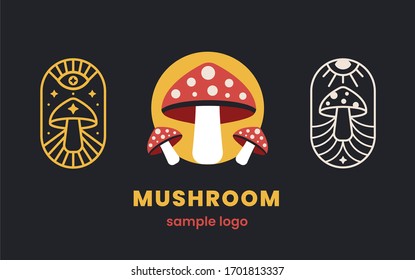 Mushrooms set logo shop design. Fungi medicine agriculture symbol design on a black background. Vector illustration.