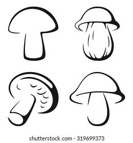 Mushrooms, Set Monochrome Black Pictograms Icons Isolated on White Background. Vector