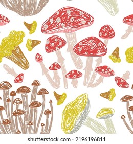 Mushrooms set seamless pattern. Boletus edulis, chanterelle, boletus and cantharellus cibarius. Hand drawn vector illustration. Pen or marker doodle sketch